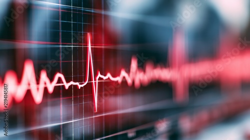 Close-Up View of Electrocardiogram Display Showing Heartbeat Waveform with Red Color Highlights in Modern Medical Setting