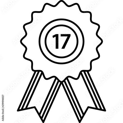 A simple black and white vector line icon depicting a circular award ribbon badge featuring the number seventeen in the center, perfect for graphic design.