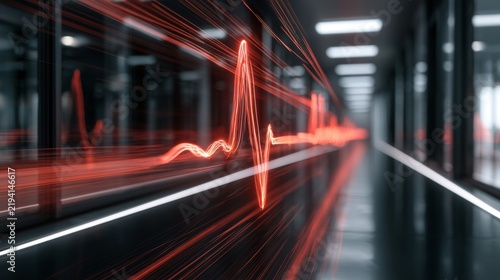 Abstract representation of a heartbeat in a futuristic corridor with vivid red heartbeat lines illustrating rhythm and motion in a digital environment