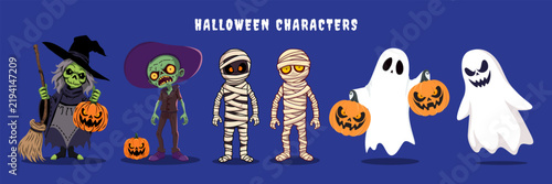 Set of scary halloween characters. Witch, zombie, mummy and ghost vector illustration