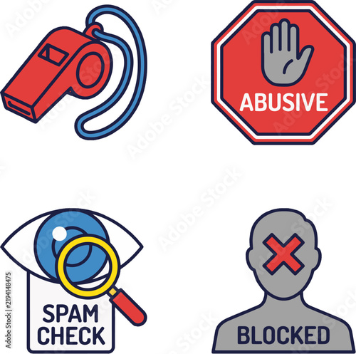 Moderation and abuse reporting line color icons set