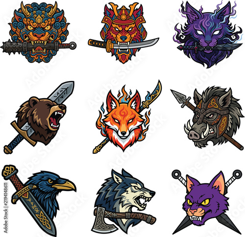 Vibrant collection of stylized animal head illustrations, depicting powerful warrior creatures with ancient weapons and mythical elements for diverse design projects