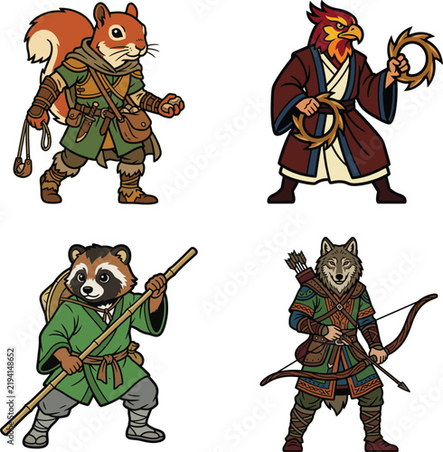Fantasy anthropomorphic animal adventurers character set featuring squirrel rogue hawk monk raccoon warrior and wolf archer in vintage vector style
