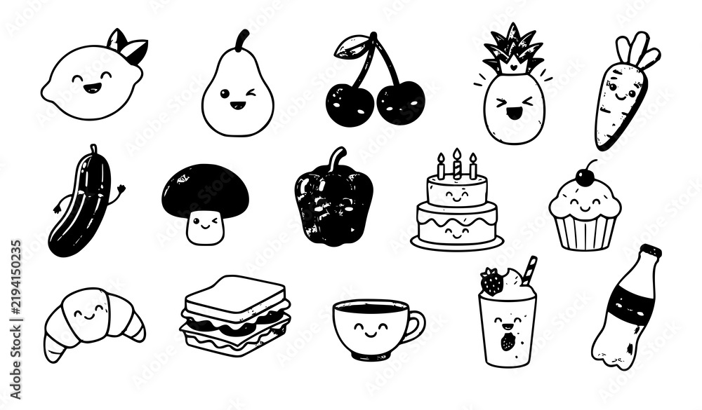 Fototapeta premium Flat food and beverage emoji icon pack with fruits vegetables cakes and drinks