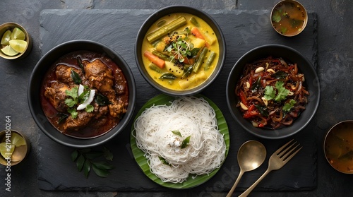 Top View of Authentic South Indian Culinary Spread Featuring Savory Curries and Noodles