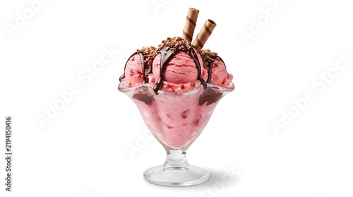 Strawberry Ice Cream Sundae with Rich Chocolate Sauce and Crispy Wafer Rolls
