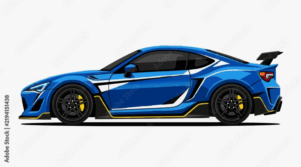 Fototapeta premium Stylish Blue Sports Car Side View with Racing Wheels and Sleek Design