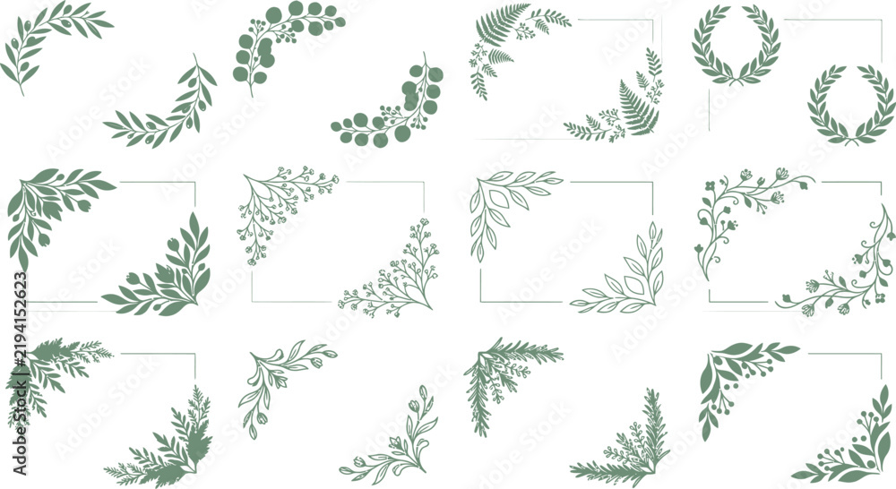 Fototapeta premium Collection of decorative floral corner elements botanical borders and frames for invitations and graphic design isolated on white background