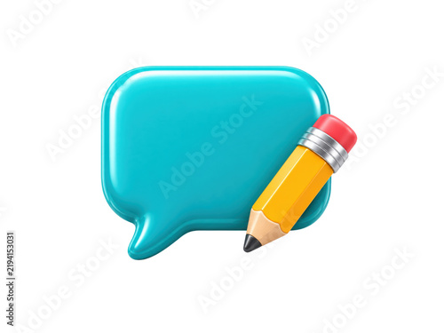 Cyan bubble chat with pencil 3D icon design for social media editing user interface and message creation.