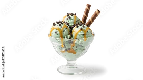 Delicious Mint Choc Chip Ice Cream Sundae with Caramel and Wafer Rolls