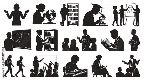 diverse educational and academic activities depicting students in classroom and research environments