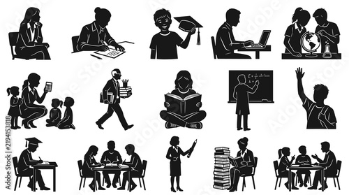 diverse educational activities depicting students and teachers engaging in learning and teaching processes in various settings