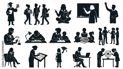 Diverse educational scenes depicting students and teachers engaging in learning activities in various classroom settings and