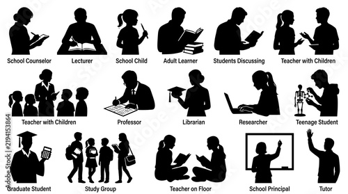Diverse education professionals and students engaged in learning activities in various settings highlighting academic roles and
