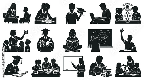 Collection of diverse educational and learning activities depicted through silhouette icons illustrating students and teachers