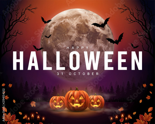 Halloween night scene with pumpkins and full moon illustration