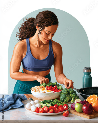 Active adult preparing eggs grains vegetables and fruit