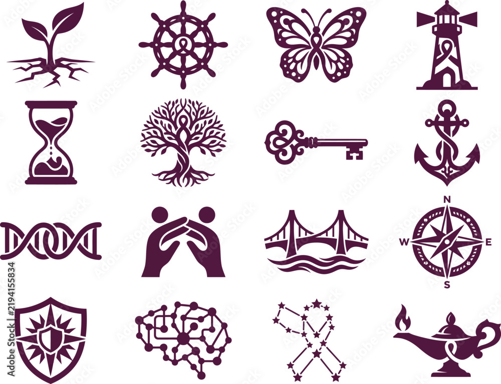 Fototapeta premium Breast cancer awareness symbol collection featuring tree of life, butterfly, lighthouse, compass, anchor, hourglass, bridge, brain, shield, and hope icons