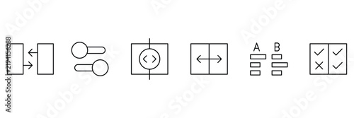 Foto Comparison icon set featuring horizontal exchange arrows, toggle switches, code split view, bidirectional scaling, list evaluation, and checklist options vector illustration