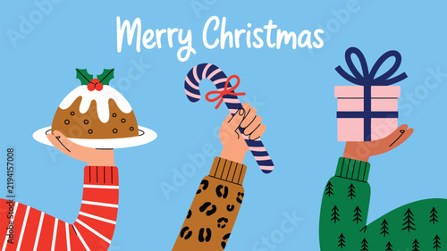 Christmas celebration illustration with hands holding a pudding, candy cane, and gift box on a blue background