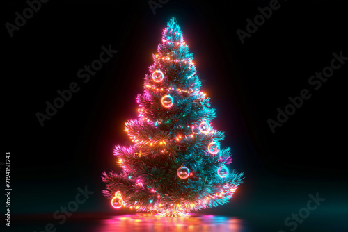 Glowing outline style tree in colorful Christmas lights
