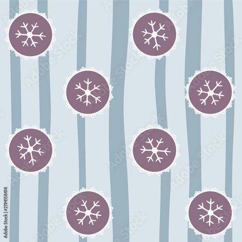 Winter Snowflake Medallion Pattern with Wavy Blue Stripes and Dusty Purple Ornaments, Elegant Retro Seasonal Background