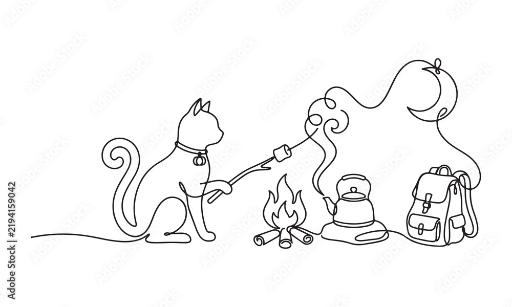 Fototapeta premium Continuous single line of a cat sitting by a campfire roasting a marshmallow with a backpack and kettle nearby on a white background, minimalist style