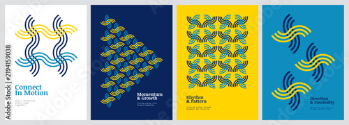 Set of four abstract geometric posters with wavy line patterns in blue and yellow colors