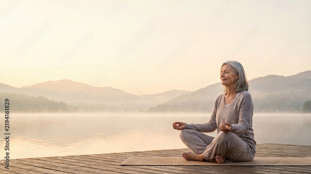Fototapeta premium Age Diverse Emotional Faces, Emotional Expression Across Ages, Serene Woman Meditating by a Calm Lake at Sunrise