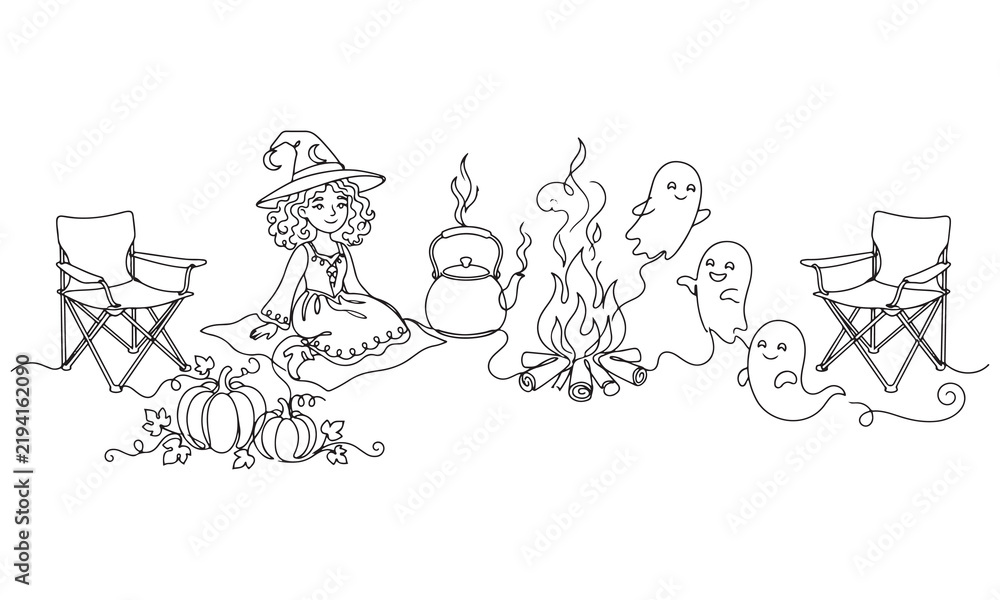 Obraz premium Continuous line of a witch sitting by a campfire with ghosts, folding chairs, and pumpkins in a forest setting, isolated on a white background, minimalist halloween