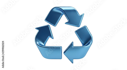 3d render of a glossy blue metallic recycling symbol isolated on transparent background