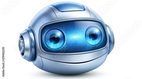 Friendly 3D metallic blue robot head with glowing digital eyes on plain white background, artificial intelligence chatbot AI assistant concept