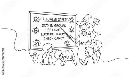 Continuous line of a teacher in a witch hat pointing at a whiteboard with halloween safety rules for children, decorated with pumpkins and ghosts, isolated on white
