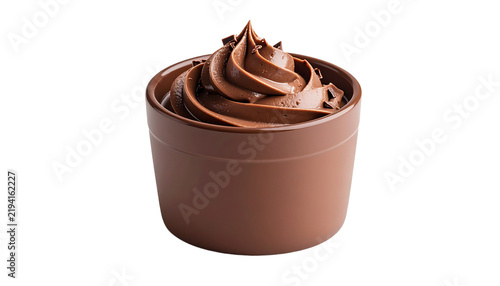 Single chocolate mousse dessert cup with a glossy chocolate surface, isolated on transparent background