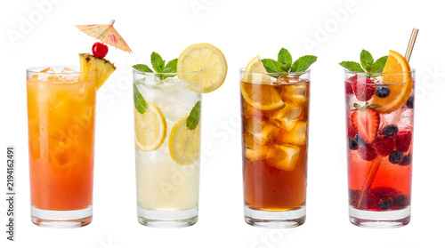 Four refreshing summer cocktails isolated on transparent background