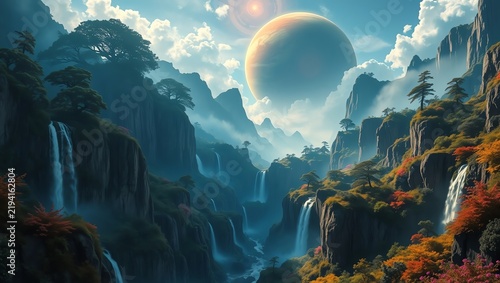 Enchanting fantasy landscape featuring majestic waterfalls cascading down rocky cliffs, lush trees, and a glowing celestial body in a vibrant sky. Perfect for imaginative artworks.