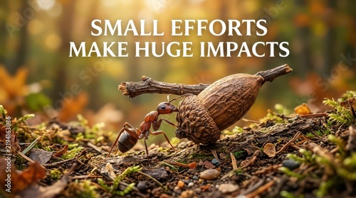 Ant carrying acorn with stick, symbolizing small efforts making huge impacts in nature