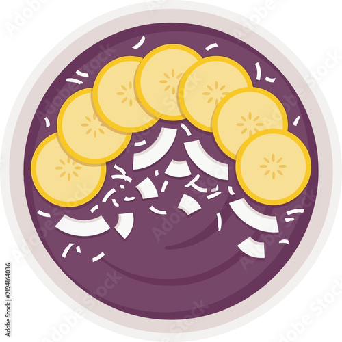 Acai smoothie bowl vector icon topped with sliced banana arrangement, coconut flakes, and shaved coconut. Ideal flat graphic for healthy breakfast menus, smoothie bars, recipe apps, and web UI.