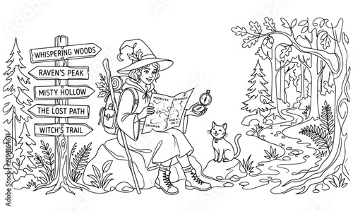A young witch with a backpack and wooden staff sits on a rock in the woods, checking a map and compass next to a wooden signpost with directional arrows, accompanied by her cat