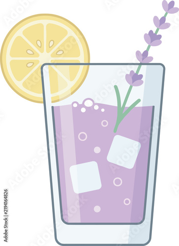 Lavender lemonade glass vector icon with purple fizzy drink, ice cubes, lemon wheel garnish, and lavender sprig. Ideal flat graphic for cafe menus, summer drink blogs, recipe apps, and web UI design.