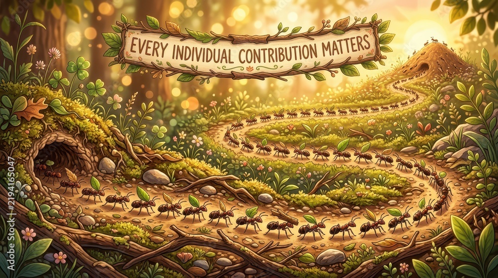 Obraz premium Ants marching in a line on a path towards an anthill, with a banner saying 'Every Individual Contrib