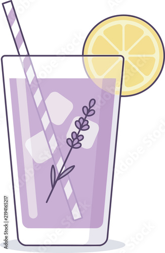 Lavender lemonade glass vector icon with purple iced drink, striped straw, ice cubes, lemon wheel, and lavender sprig. Ideal flat graphic for cafe menus, summer drink blogs, recipe apps, and web UI.