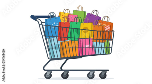 Shopping Cart Filled with Colorful Bags Vector Illustration