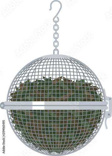Stainless steel mesh tea ball infuser vector icon filled with loose tea leaves, hanging chain, and hook clasp. Ideal flat graphic for tea shops, herbal blogs, beverage menus, recipe apps, and web UI.
