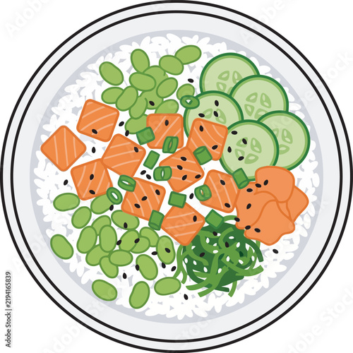 Fresh salmon poke bowl vector icon with white rice, cubed raw fish, edamame beans, cucumber slices, and seaweed salad. Ideal flat graphic for healthy food blogs, restaurant menus, recipe apps, and web