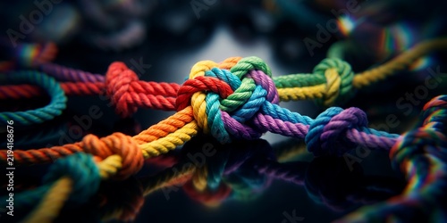 Interconnected colorful rope knots showcasing vibrant rainbow strands, intricate braided textures and tight central ties, symbolizing cultural diversity and team collaboration