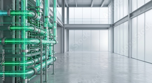 Futuristic green glowing pipeline system and digital twin technology in a modern industrial facility for hydrogen and clean energy fuel logistics