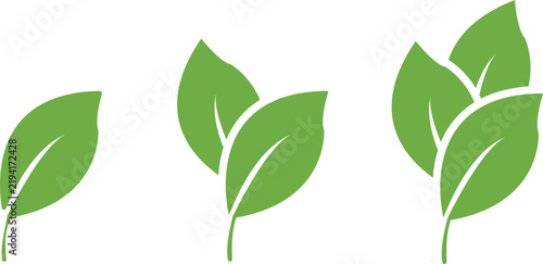 Green leaf vector icons showing growth stages from one to three leaves for eco friendly design