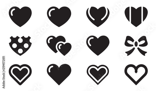 Assortment of stylized black heart icons and a bow tie for design use.