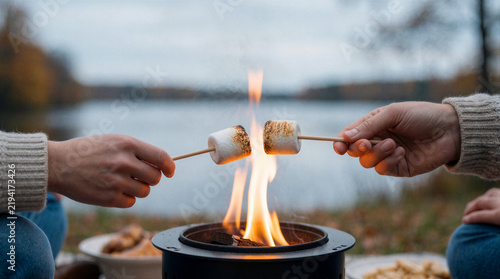 Marshmallow roasting over small portable fire pit by lake embodying quiet connection